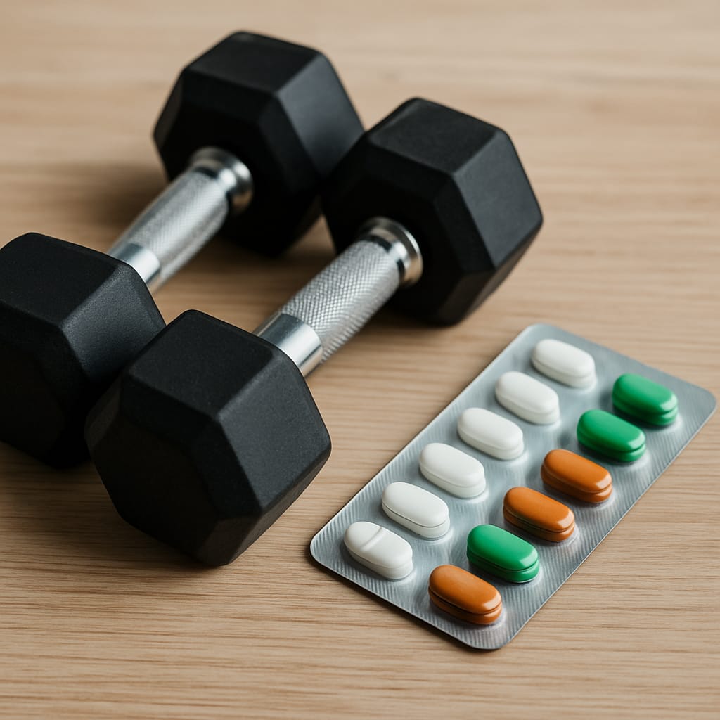 Hantelnd und Supplementpillen liegen nebeneinander.