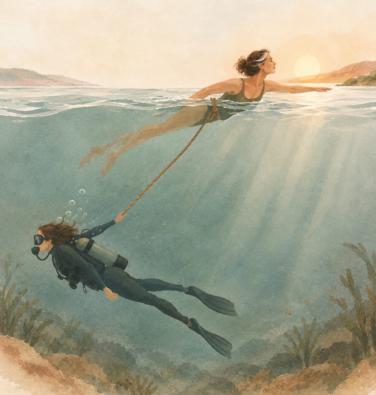 Illustration des Schimmer-Taucher-Modells, das verdeutlicht, wie ein innerer Anteil dich von deinem Ziel abhält. Eine Schwimmerin schwimmt nach rechts, während ein Taucher, der an ihr befestigt ist, unter Wasser nach links zieht.