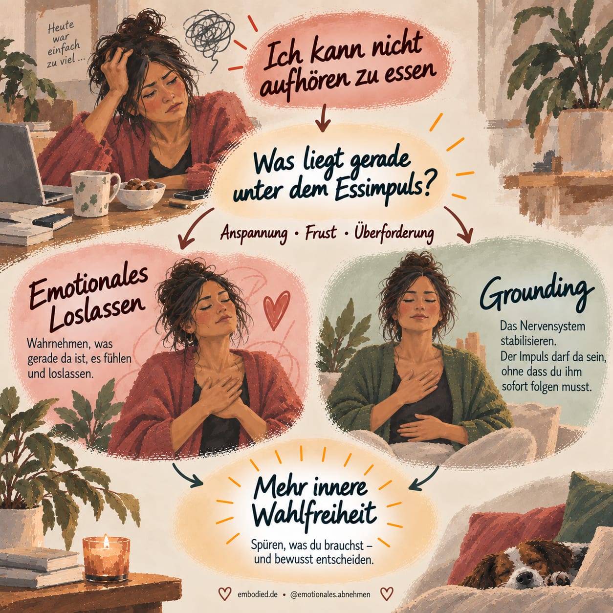 Gemalte Editorial-Grafik zum Thema „Ich kann nicht aufhören zu essen“: Eine angespannte Frau nimmt Frust, Anspannung und Überforderung hinter ihrem Essimpuls wahr. Emotionales Loslassen und Grounding zeigen zwei Wege zu mehr innerer Stabilität und Wahlfreiheit.