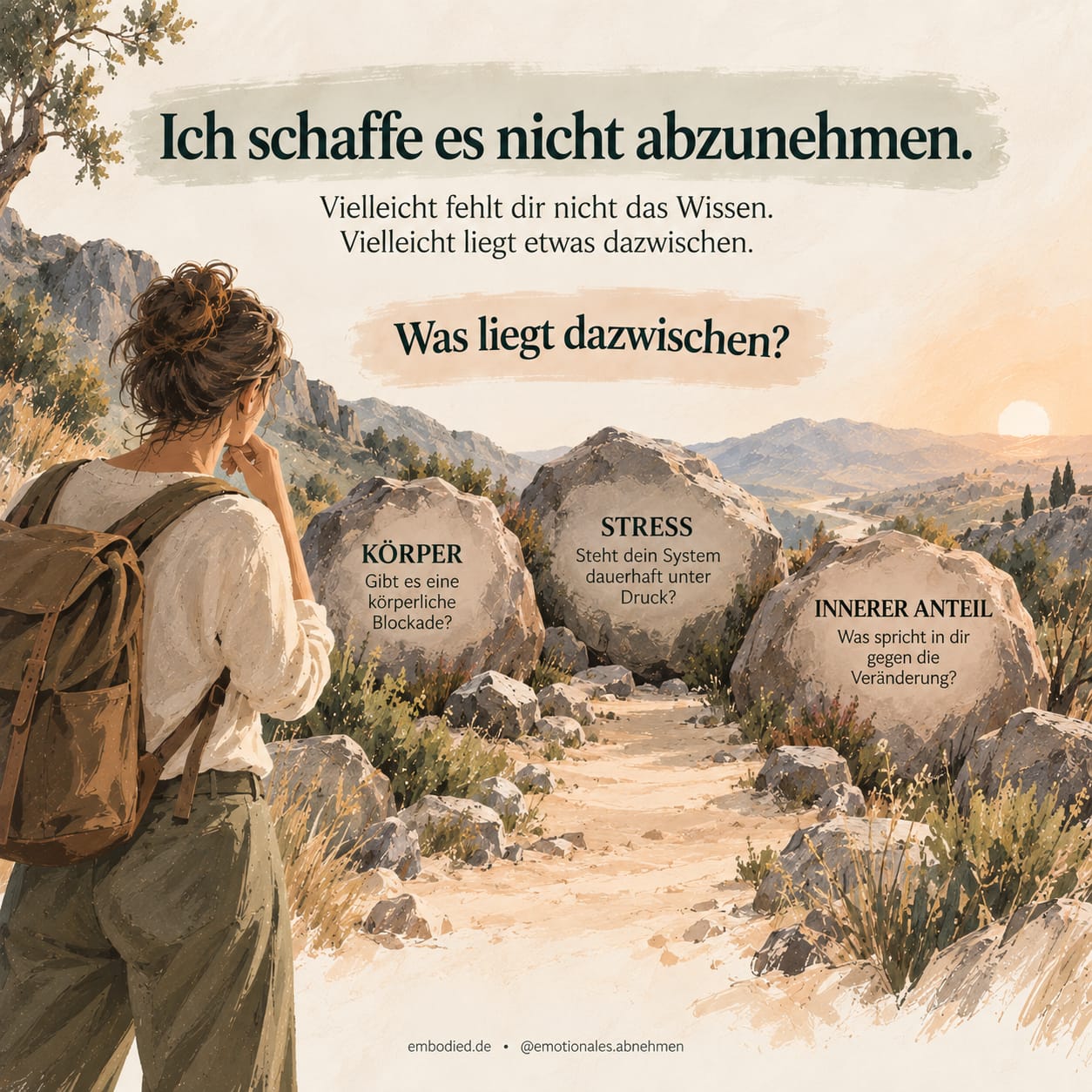Editorial-Grafik zum Zusammenhang von Alltagsstress und Abnehmen. Eine Frau sitzt nachdenklich am Schreibtisch; dauerhafte Alltagsanspannung führt zum zentral dargestellten „Cortisol bleibt erhöht“. Davon gehen vier mögliche Folgen aus: mehr Appetit, schlechterer Schlaf, schwierigere Selbststeuerung und begünstigte Bauchfetteinlagerung. Die Wege münden in „Abnehmen wird zäher“.
