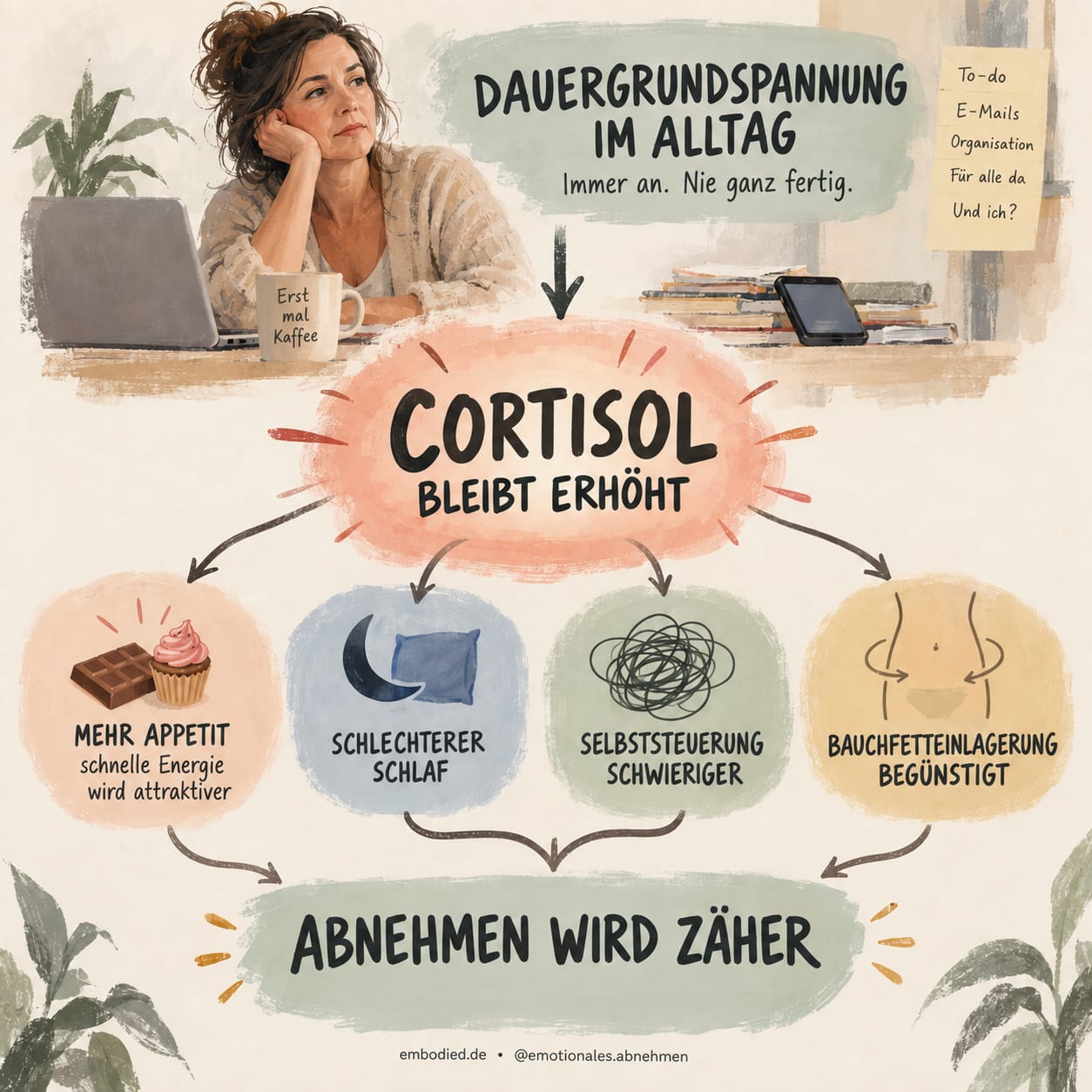 Editorial-Grafik zum Zusammenhang von Alltagsstress und Abnehmen. Eine Frau sitzt nachdenklich am Schreibtisch; dauerhafte Alltagsanspannung führt zum zentral dargestellten „Cortisol bleibt erhöht“. Davon gehen vier mögliche Folgen aus: mehr Appetit, schlechterer Schlaf, schwierigere Selbststeuerung und begünstigte Bauchfetteinlagerung. Die Wege münden in „Abnehmen wird zäher“.