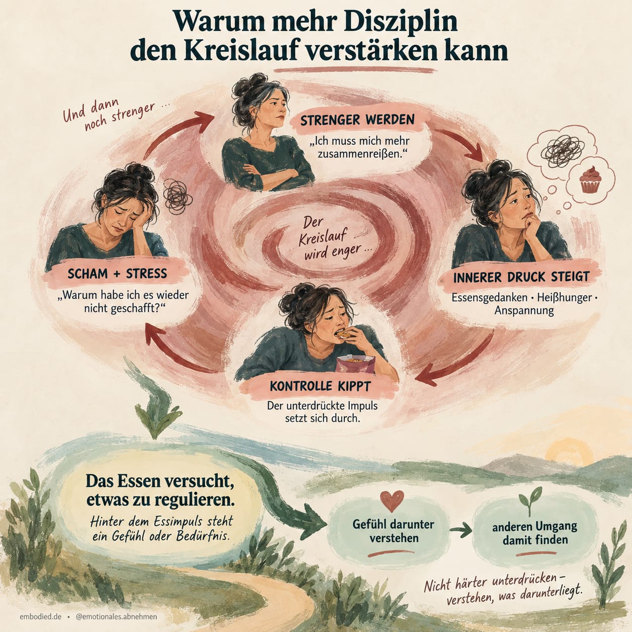 Editorial-Grafik eines sich verengenden Kreislaufs: Strengere Kontrolle führt zu steigendem innerem Druck, Kontrollverlust sowie Scham und Stress und schließlich zurück zu noch mehr Strenge. Unterhalb öffnet sich ein ruhigerer Weg: Das Essen als Versuch verstehen, etwas zu regulieren, das zugrunde liegende Gefühl erkennen und einen anderen Umgang damit finden.