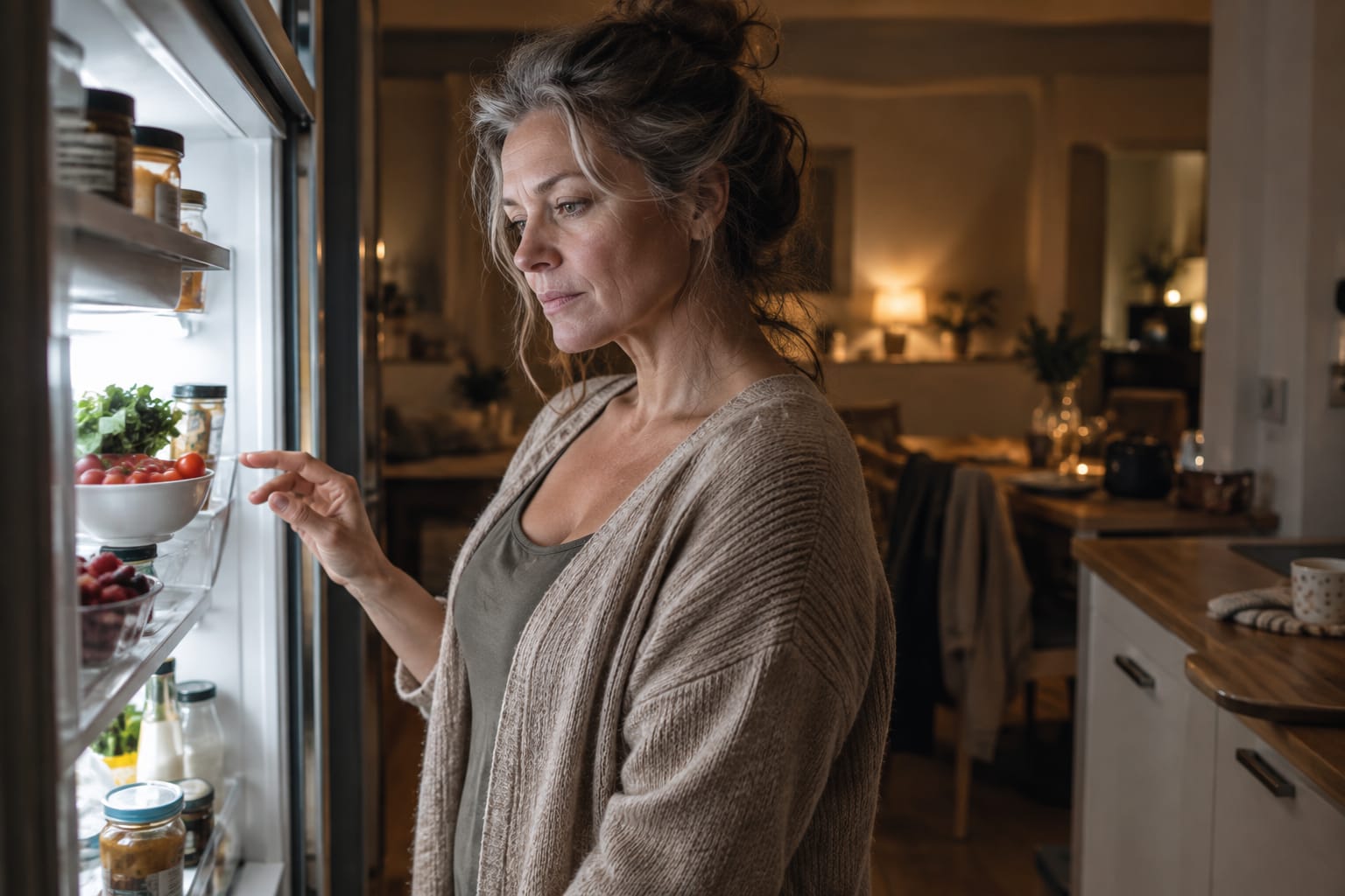 Frau steht vor dem offenen Kühlschrank