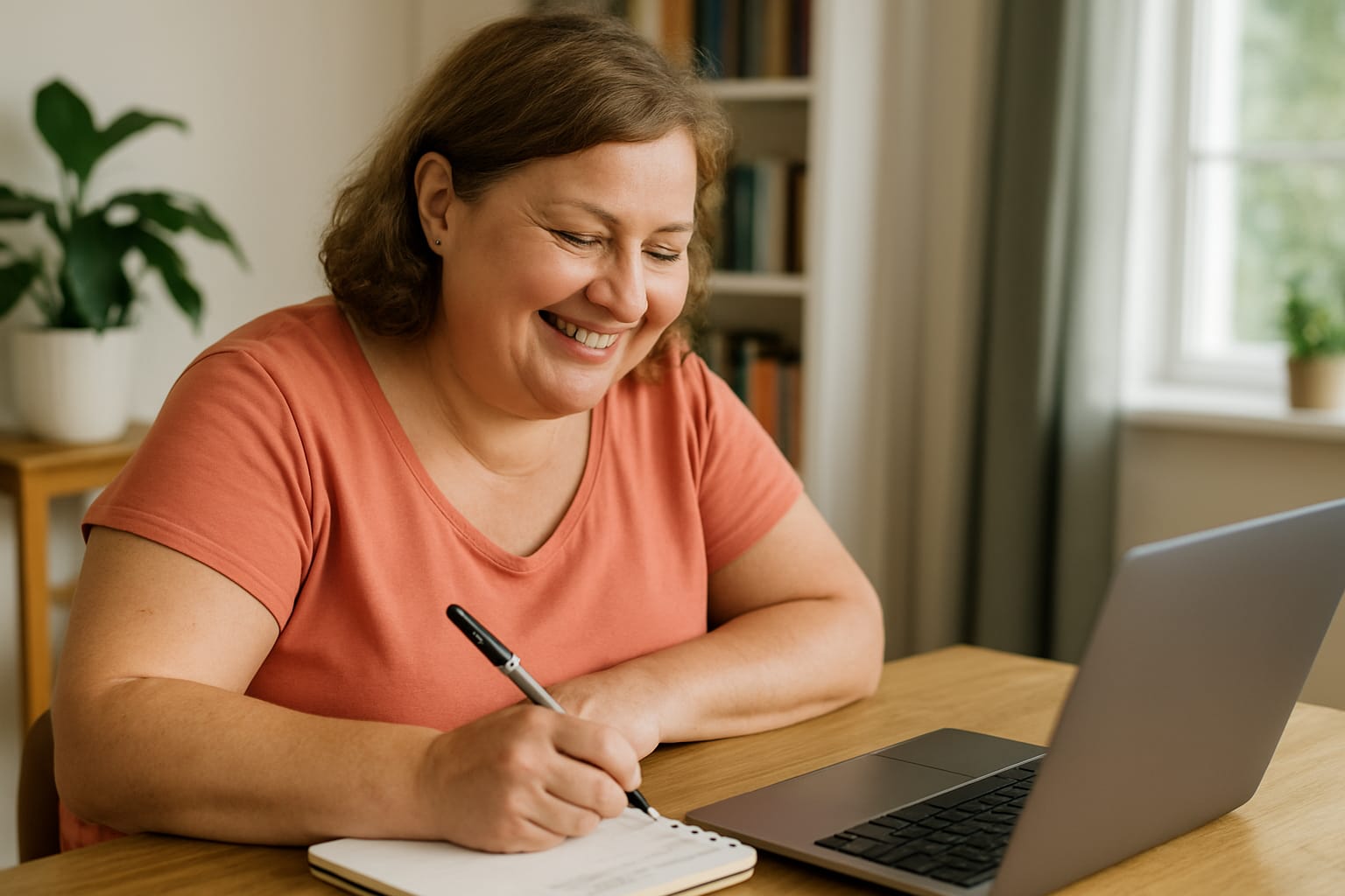 abnehmen-mit-online-coach Übergewichtige Frau sitz zufrieden vor dem Rechner und macht das Abnehm-Online-Coaching